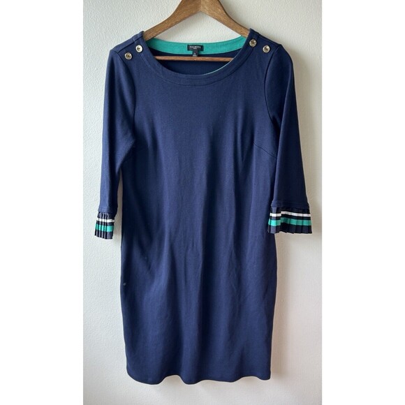 Talbots Dress Petite Large Navy Pleated Cuff Ruffle Gold Buttons Career Preppy - Picture 2 of 13